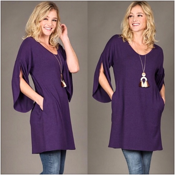 📍SALE Purple Long Relaxed Tunic Tulip Sleeves SM - Picture 4 of 5
